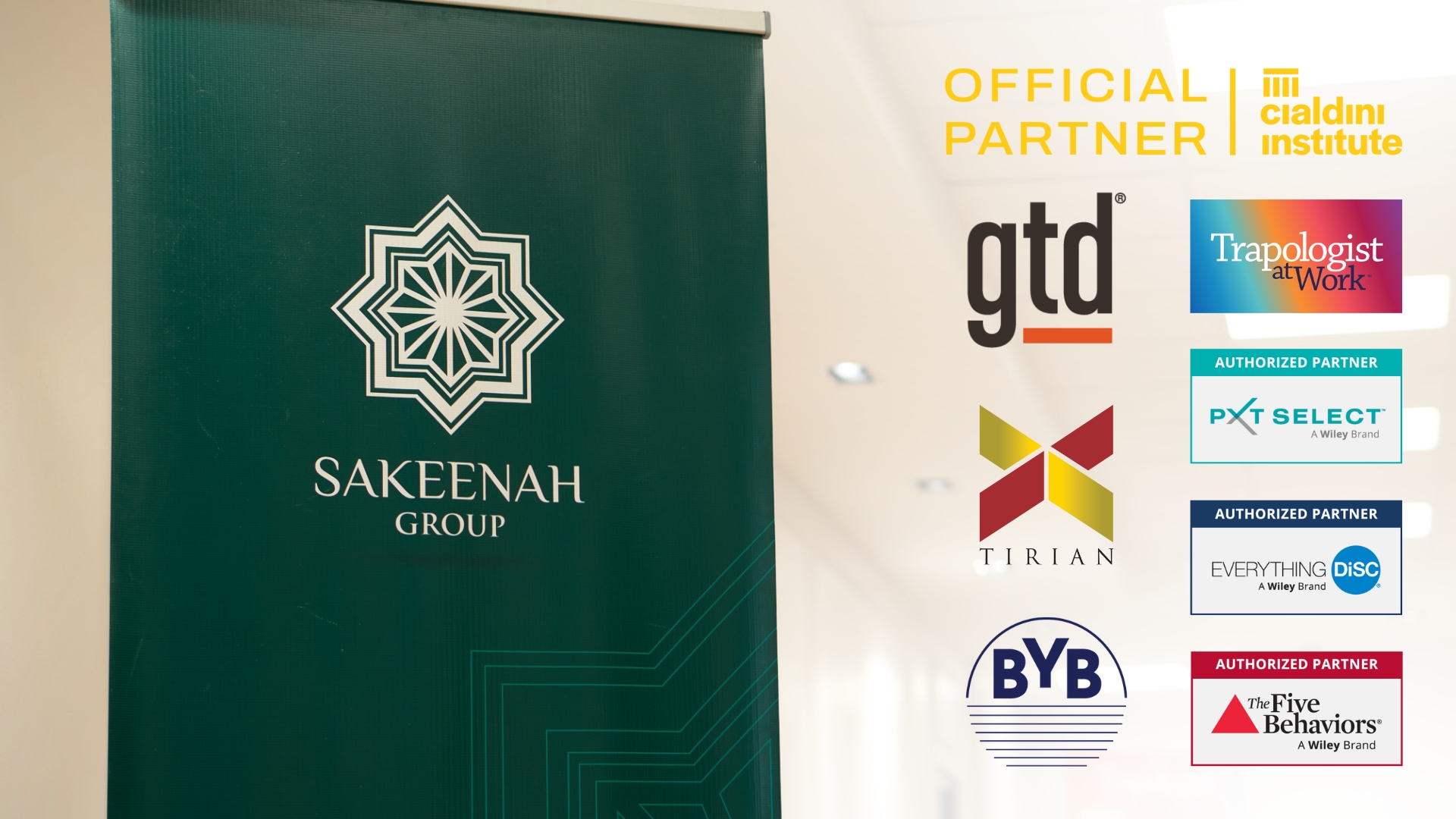 A professional banner for Sakeenah Group featuring a dark green display with their white geometric logo. To the right, a white background lists several 